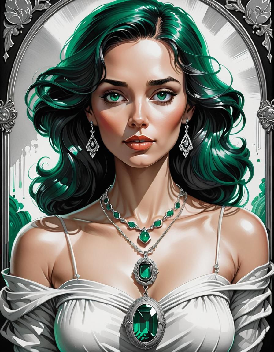 Woman's Portrait with Emerald Locket in Gouache Style
