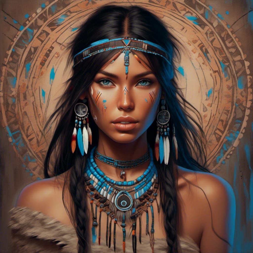 Beautiful Native American Woman Portrait with Traditional Ad...