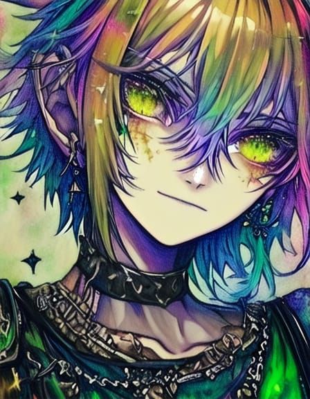 <lora:Lunar Halo:1.0>Ah, what a fierce and fey visage this one bears! With eyes ablaze in eldritch hues and locks like d...