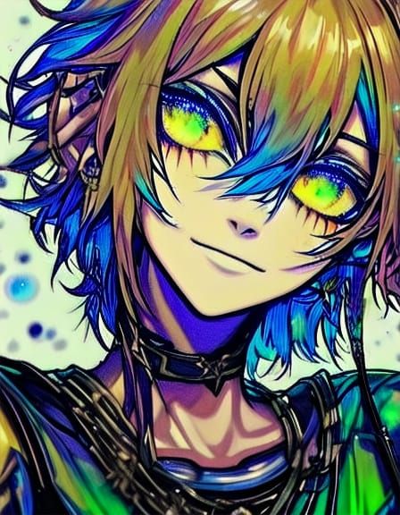 <lora:Lunar Halo:1.0>Ah, what a fierce and fey visage this one bears! With eyes ablaze in eldritch hues and locks like d...