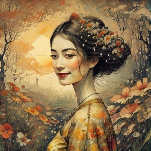 Whimsical Woman in Surrealist Garden, Splash Art