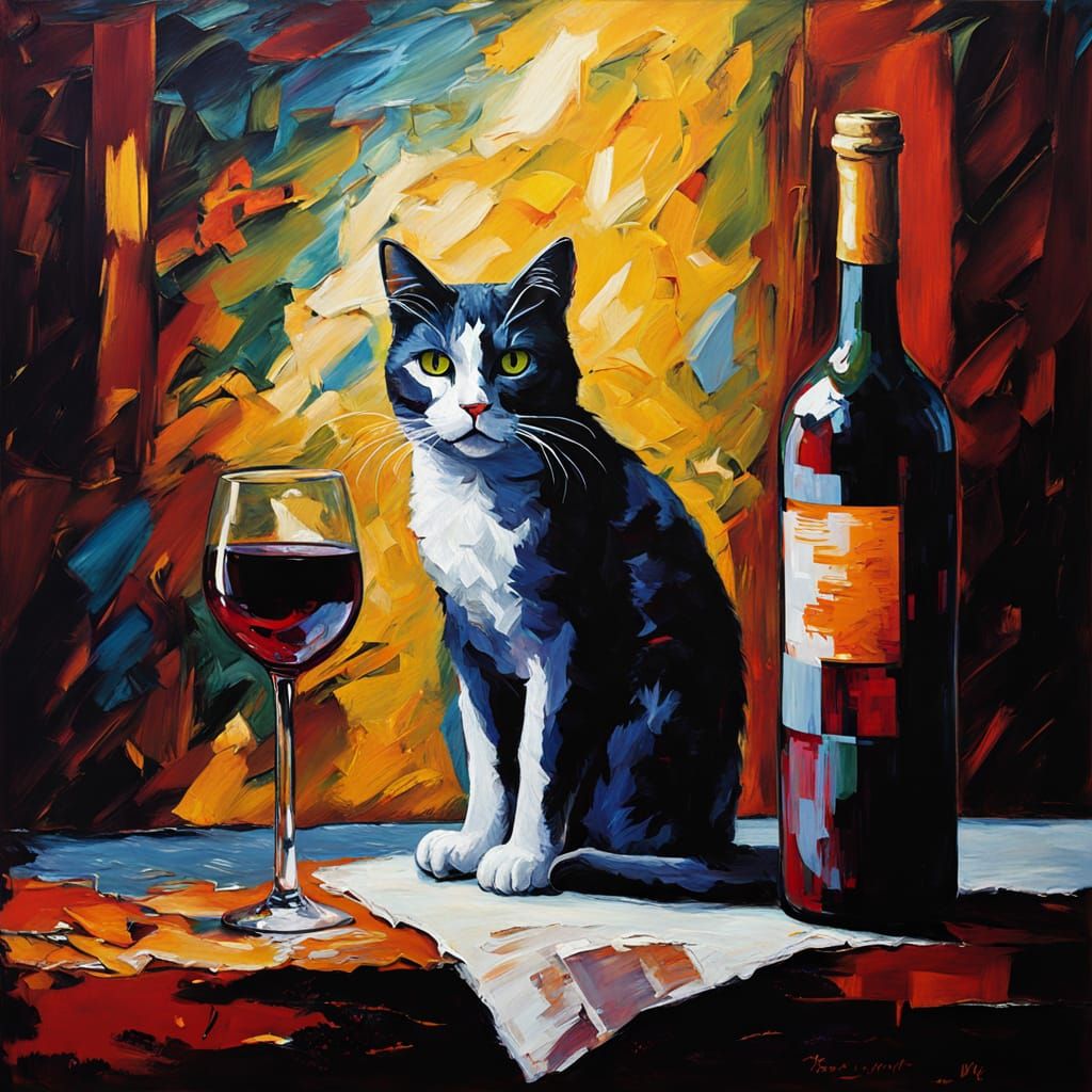 Vibrant Neo-Impressionist Still Life with Cat, Wine, and Com...