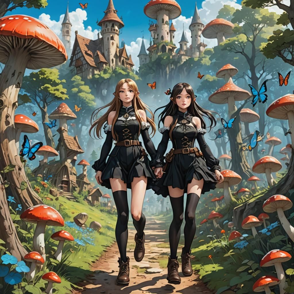 Gnome Woman in Mushroom Forest, Cel-Shaded Style