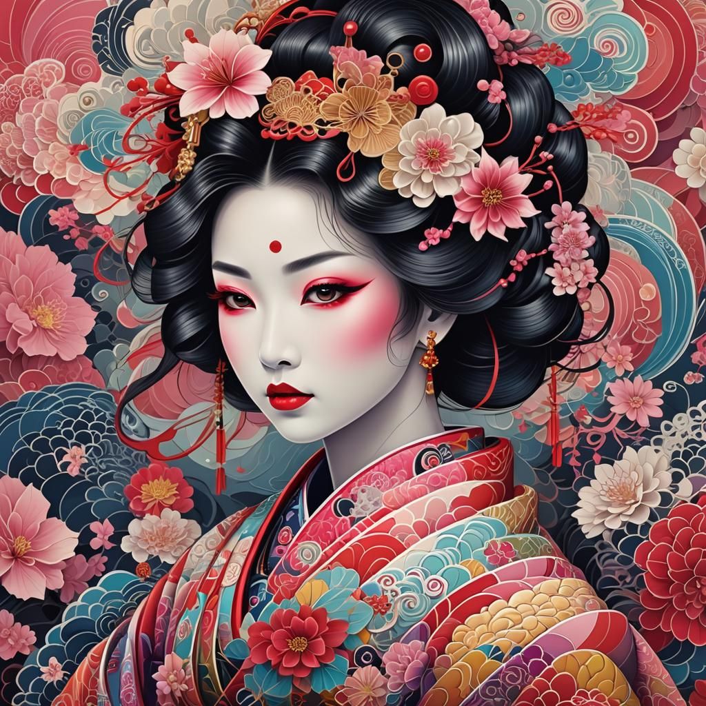 Geisha with Pink Eyes in Zentangle Fractal Style