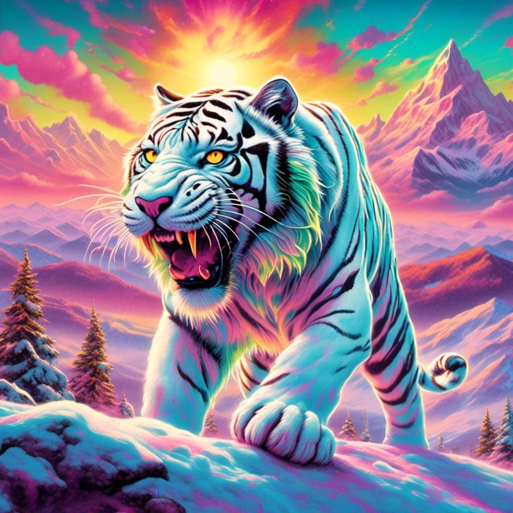 White Tiger Roaring in Snowy Mountain Landscape