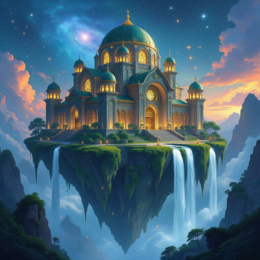 Ancient Library on Floating Island in Nebula, Gothic Art Nou...