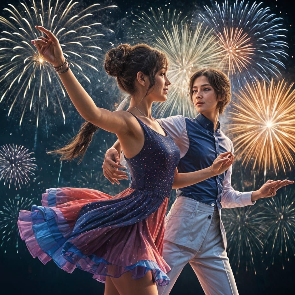 Dancing Girl and Reflection with Fireworks