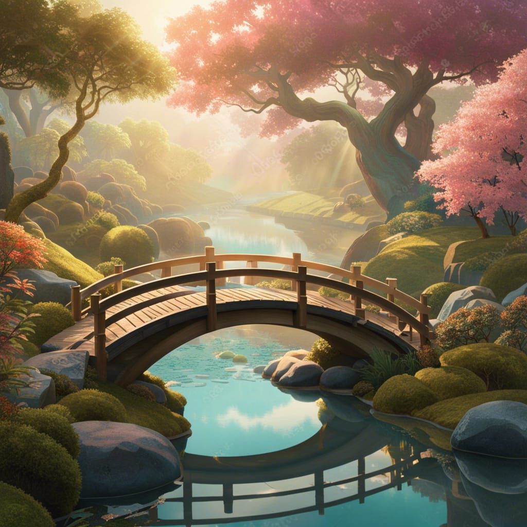 Zen Garden with Brook in Morning Light