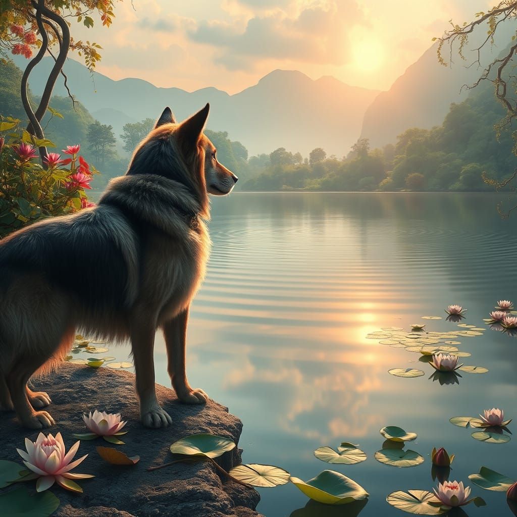 Regal Dog Surveys its Reflection in a Serene Lake Scene