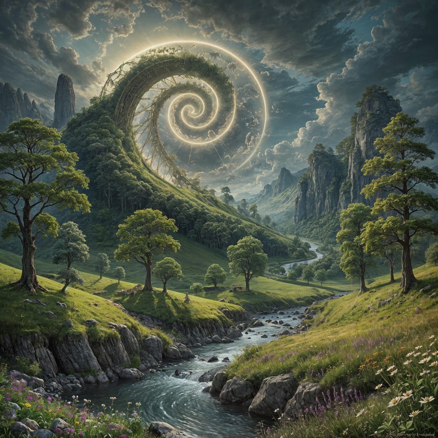Serene Countryside Symphony with Golden Ratio Spiral