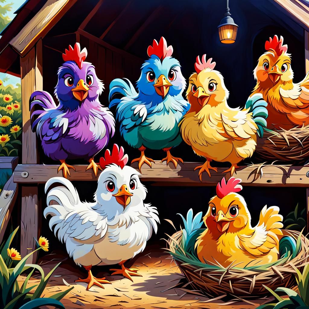 Colorful Cartoon Chickens in Cottagecore Henhouse