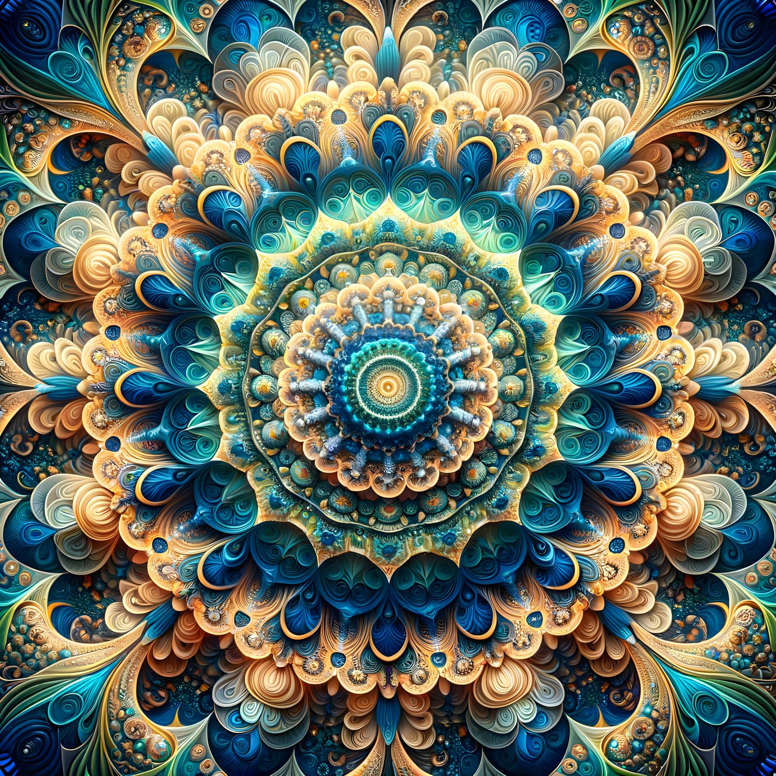 Mesmerizing 3D Kaleidoscope Art in Blue and Gold