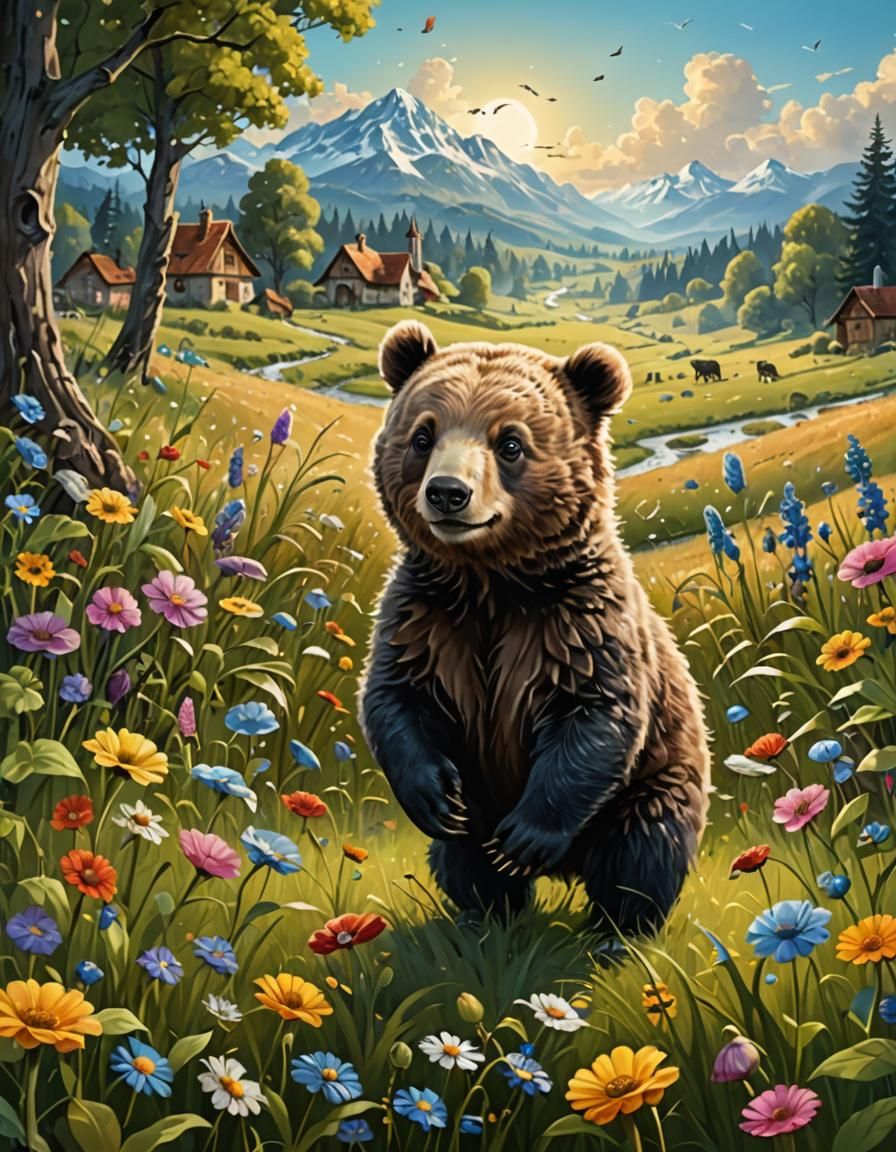 Cute Bear in Fantasy Field with Bushes