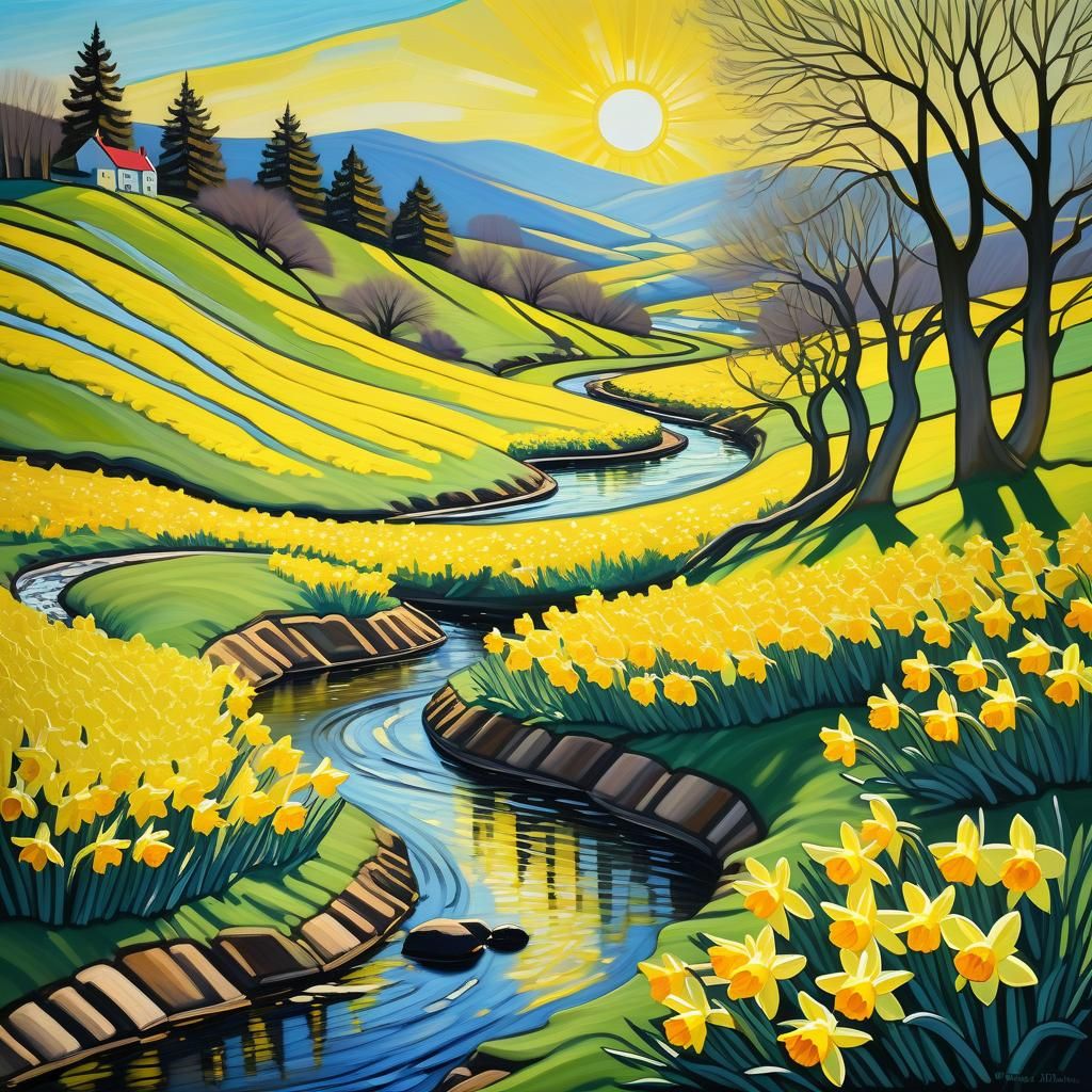 Impressionistic Daffodil Fields Under Spring Sun