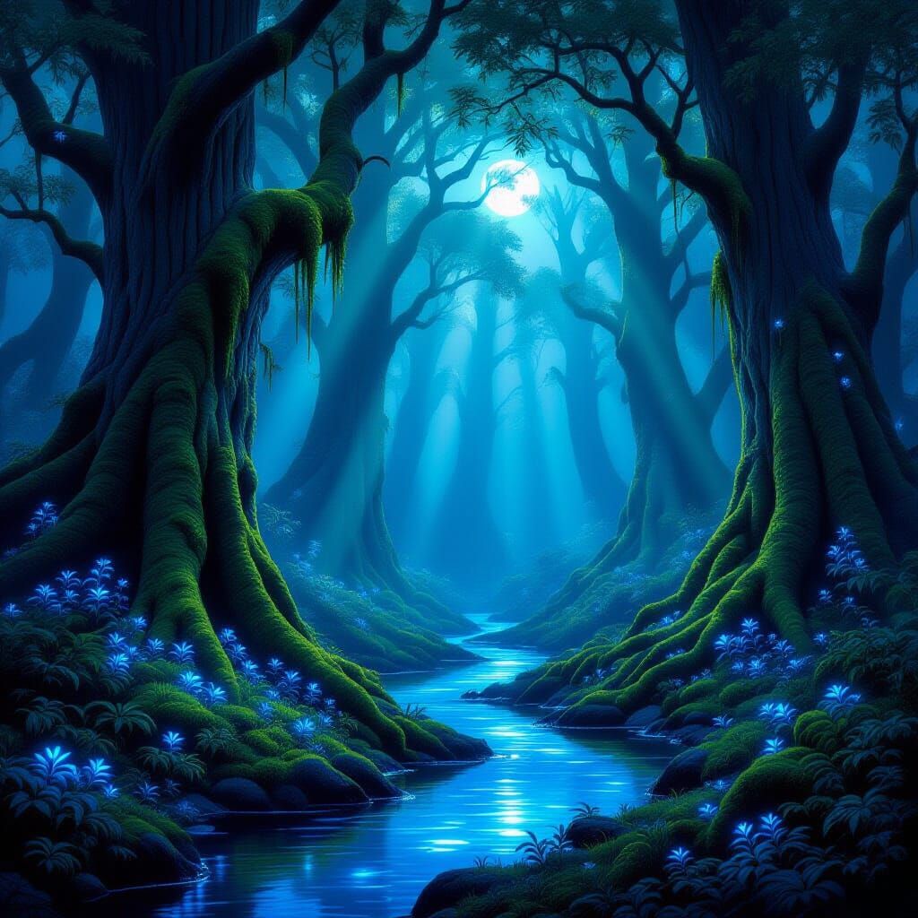 Magical Bioluminescent Forest at Night