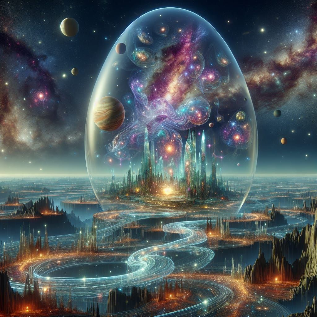 Galaxy in Glass Egg Amidst Starry Landscape