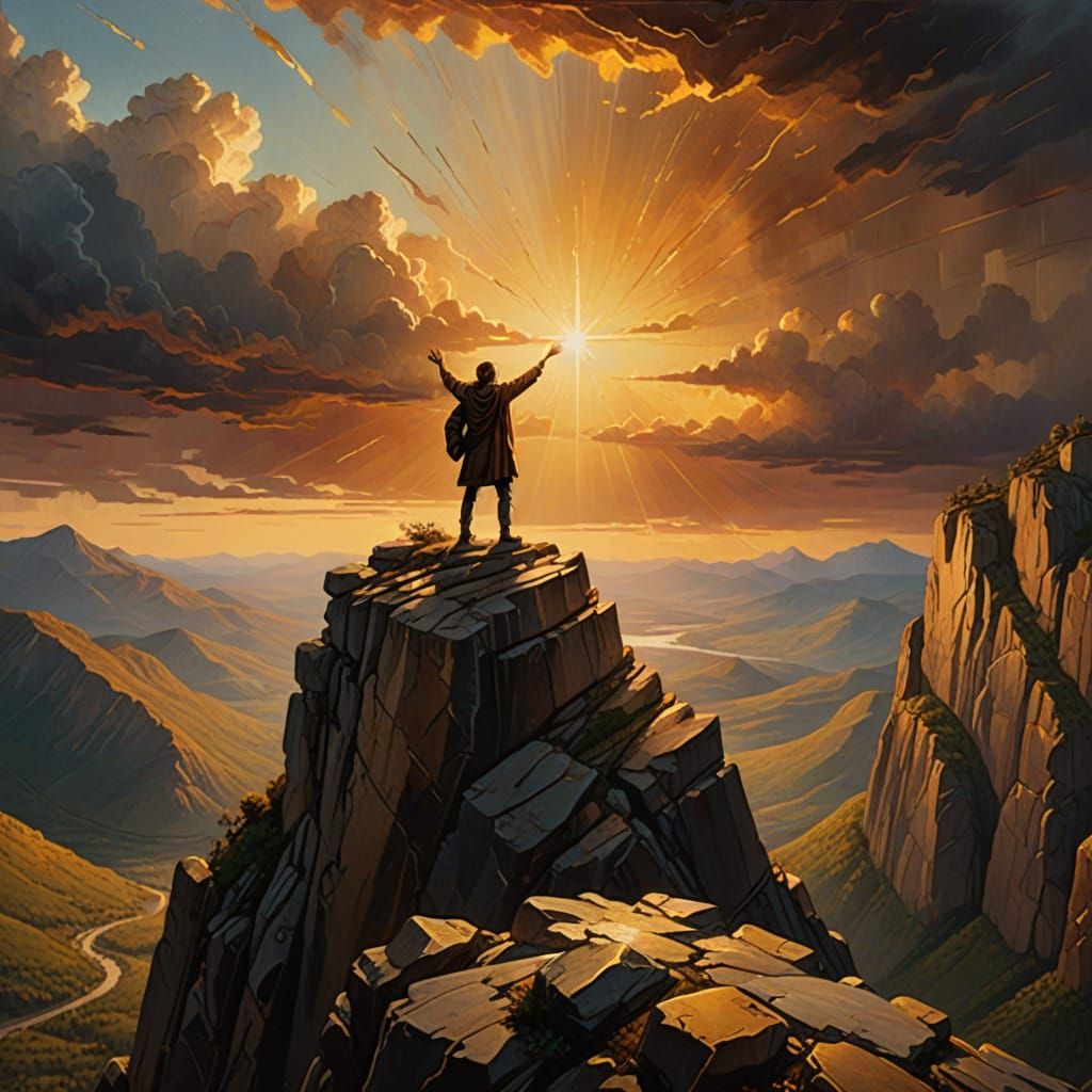 Figure on Cliff at Sunrise: Oil Painting Style
