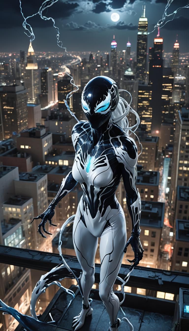 Symbiotic Woman on City Rooftop in Cinematic Style