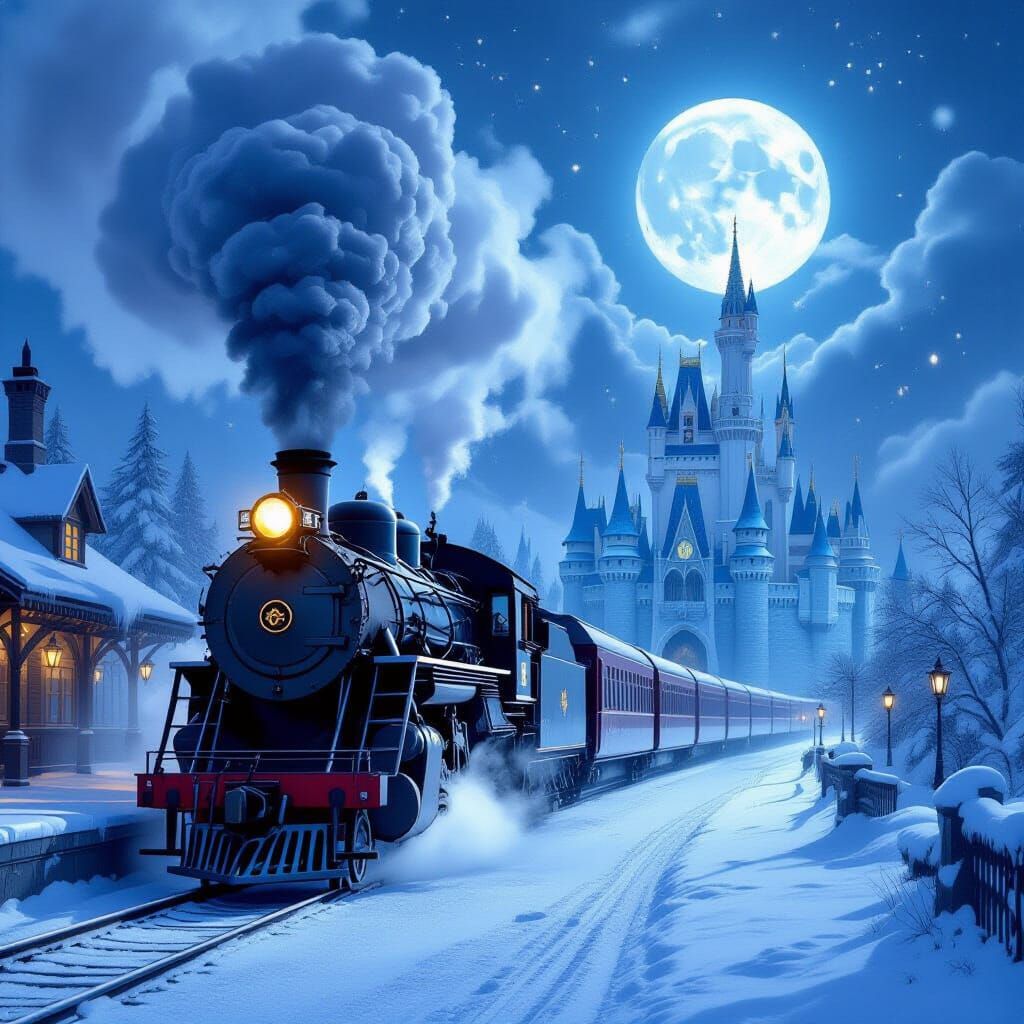 Steam Train at Snowy Station Near Ice Castle