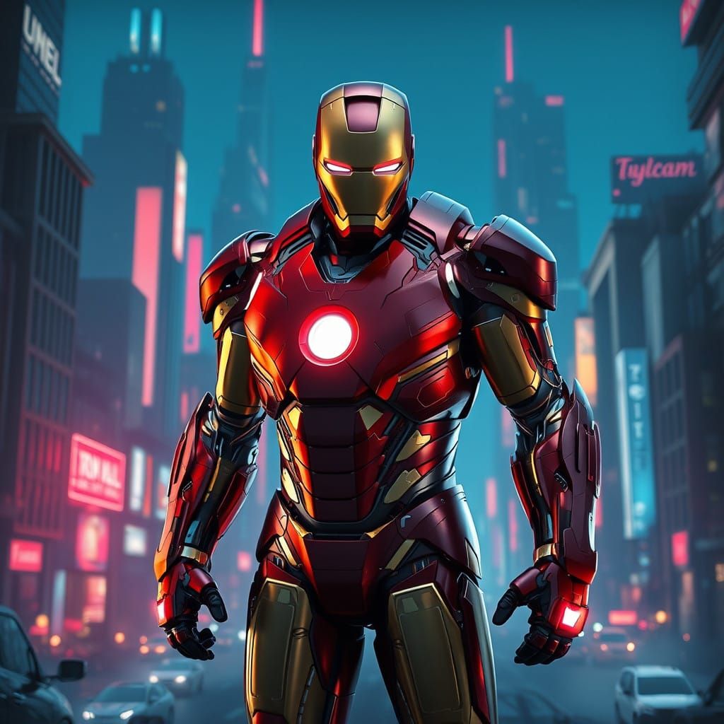 Iron Man in Futuristic Metropolis Neon Landscape