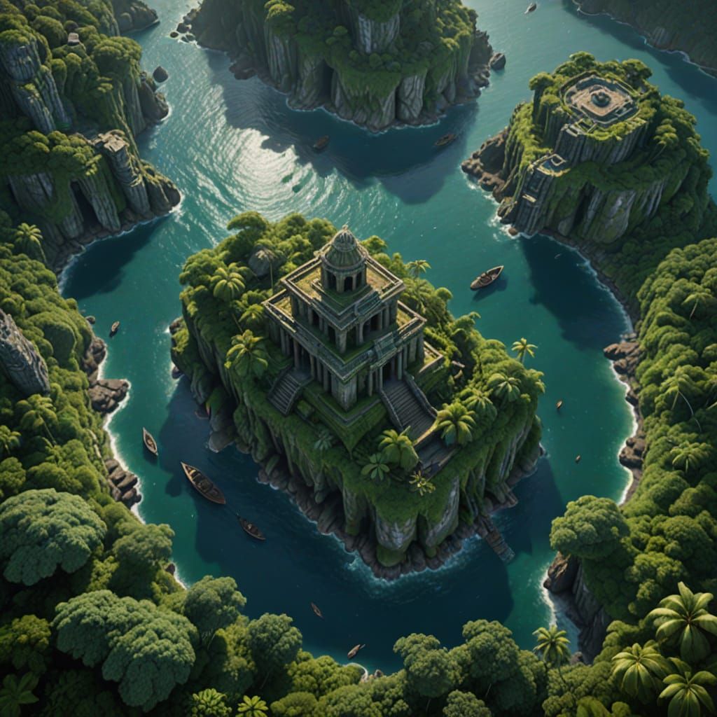 Mysterious Island with Ancient Ruins: Fantasy Art