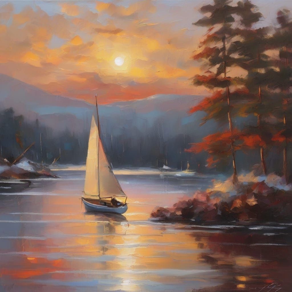 Winter Sailboat on Sunset Lake in Impressionist Oils