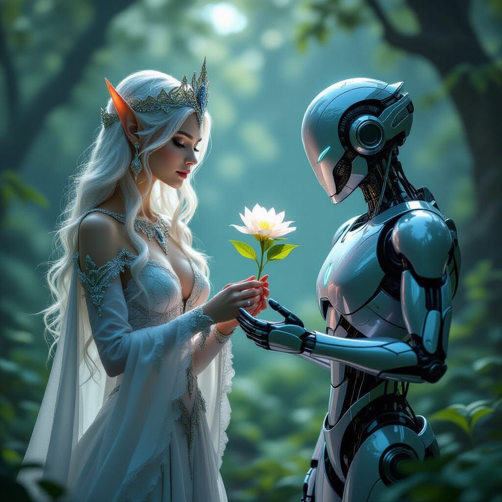 Elven Queen and Chrome Robot in Dark Fantasy Art