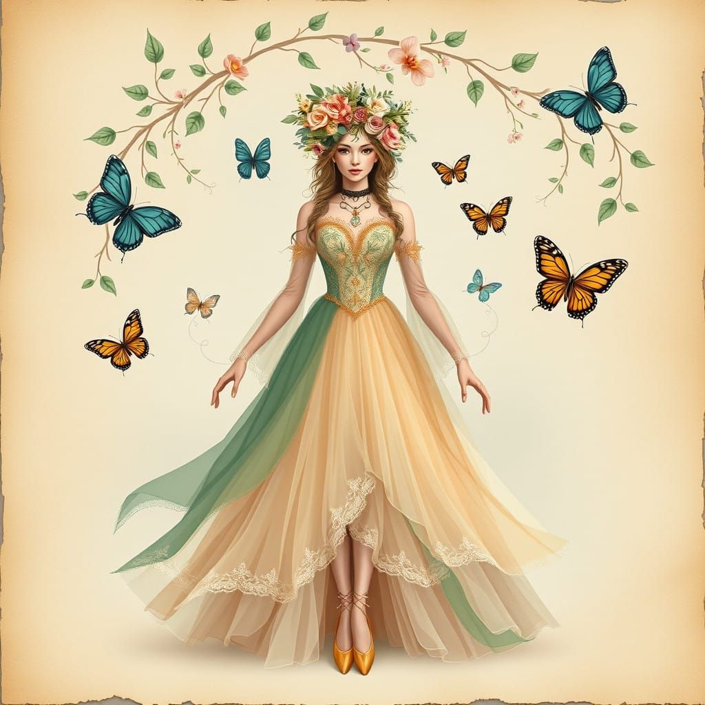 Dreamlike Goddess in Whimsical Floral Gown