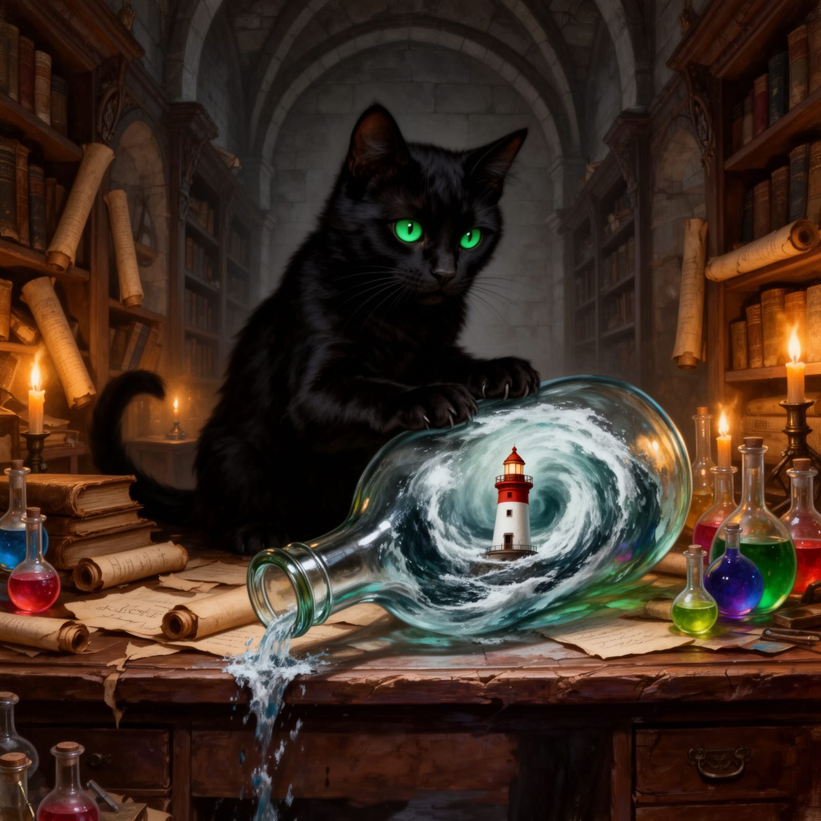 Black Cat Knocks Over Storm Bottle in Castle Study