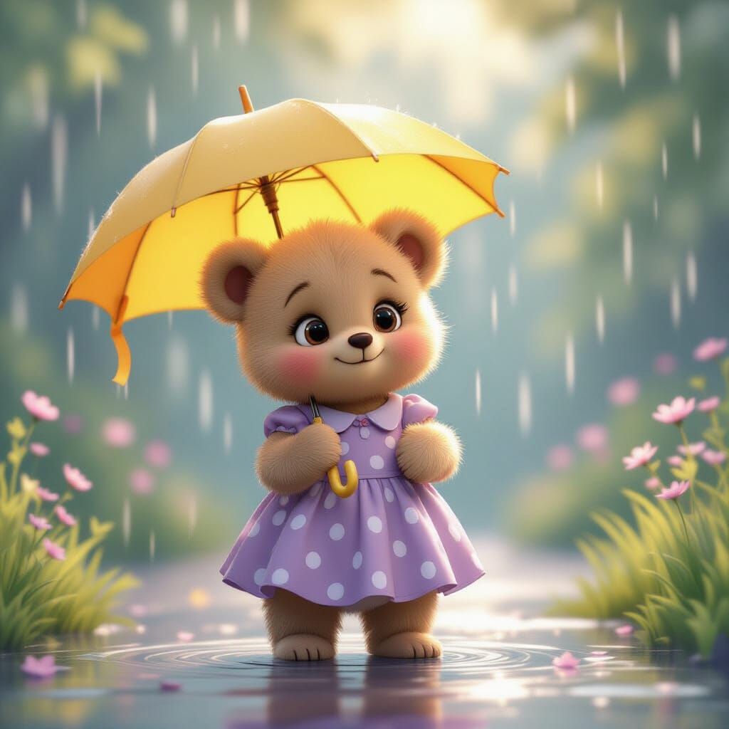 Fluffy Bear Cub with Umbrella in Gentle Rain