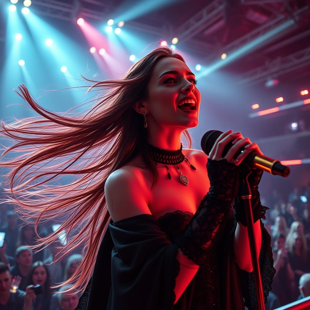 Ethereal Vampire Vocalist Performs Under Neon Lights