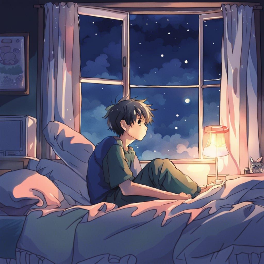 Depressed Boy in Bed: Watercolor Anime Style