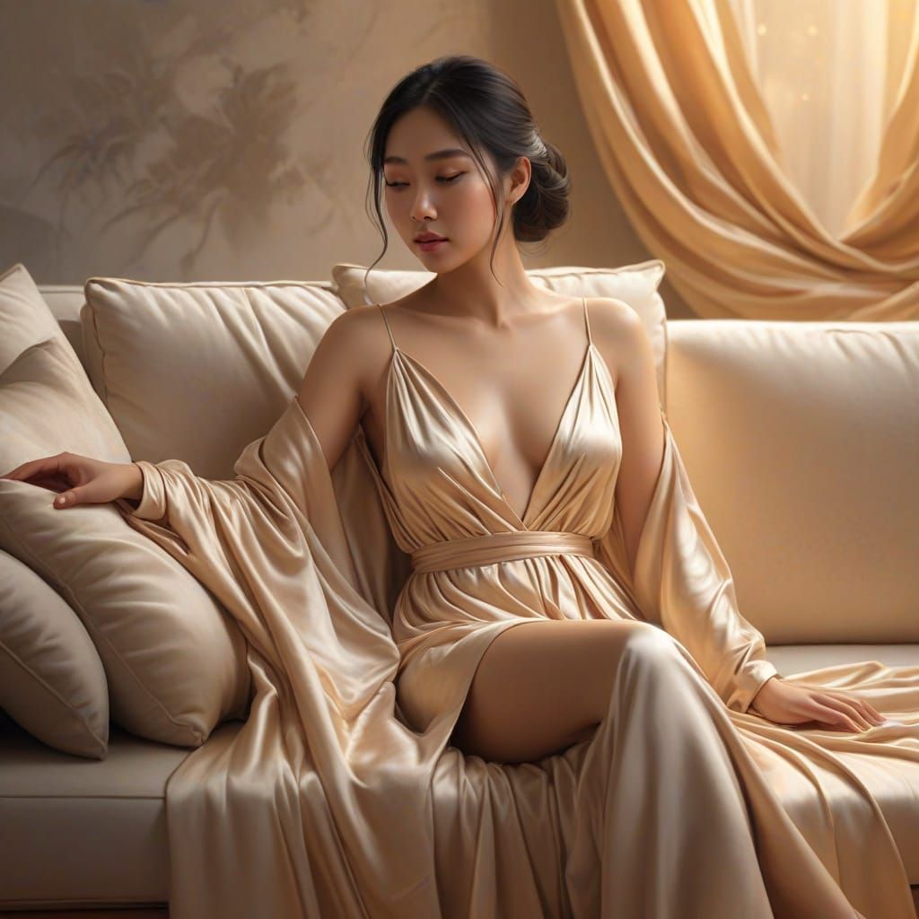 Beautiful Asian Woman in Open Nightgown on Couch