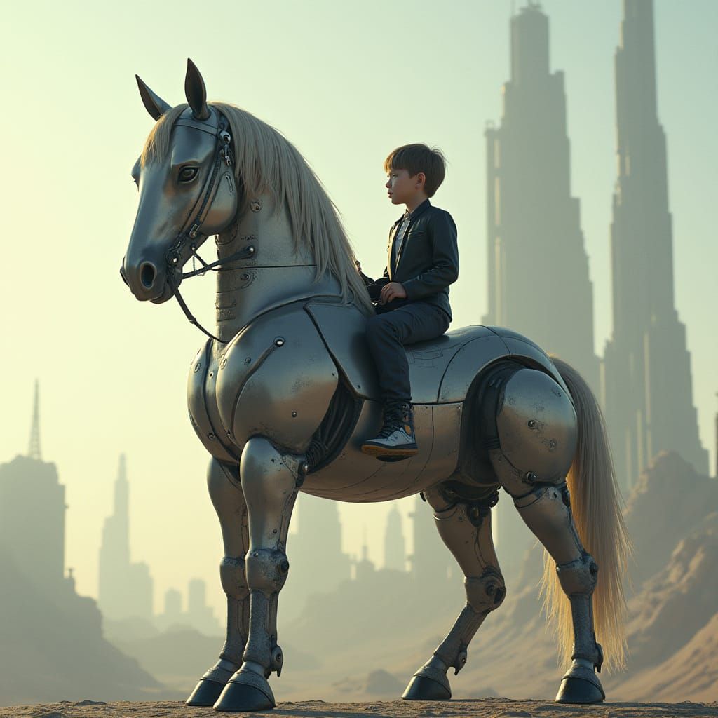 Young Rider on a Futuristic Robo Horse in a Cityscape