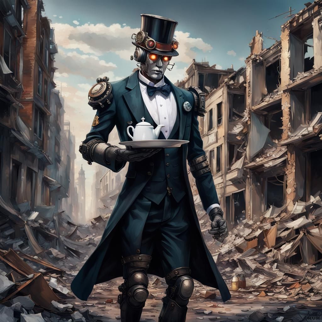 Steampunk Robot Butler in Apocalyptic Cityscape
