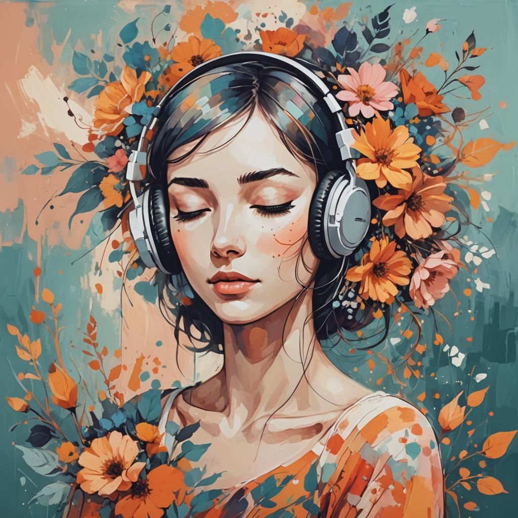 Woman Listening to Music with Flowers: Abstract Art