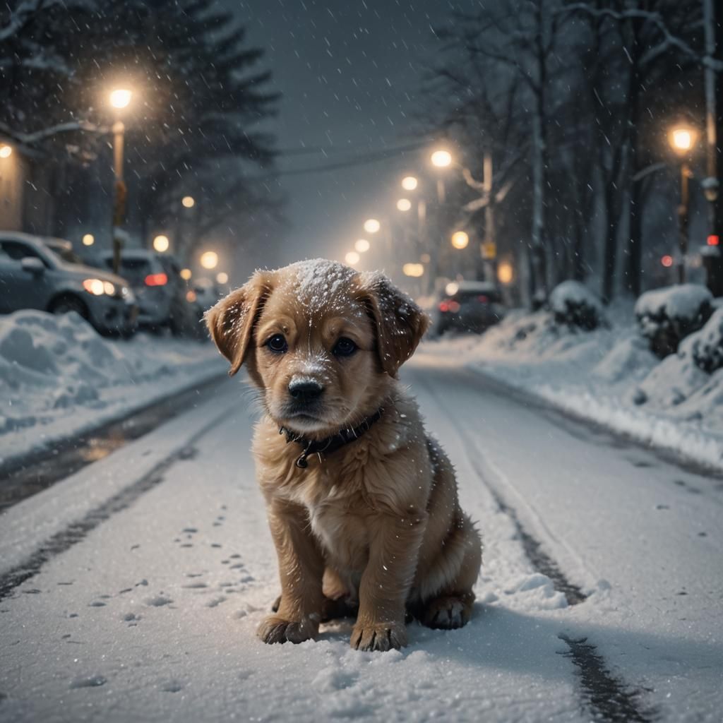 Depressed Puppy in Snowy Road: Hyper-Realistic Digital Art