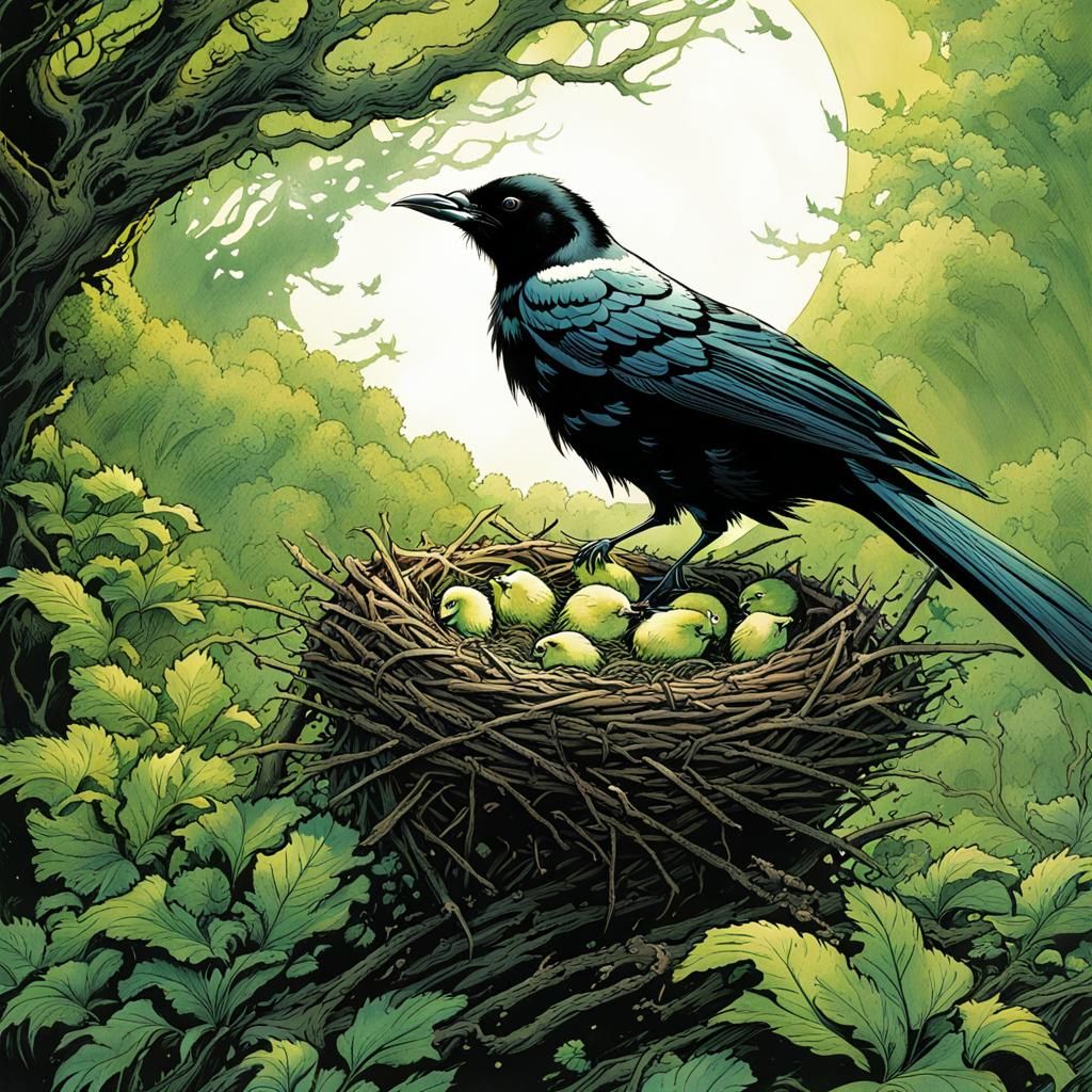 Magpie Feeds Chicks: Ink Sketch Botanical Illustration