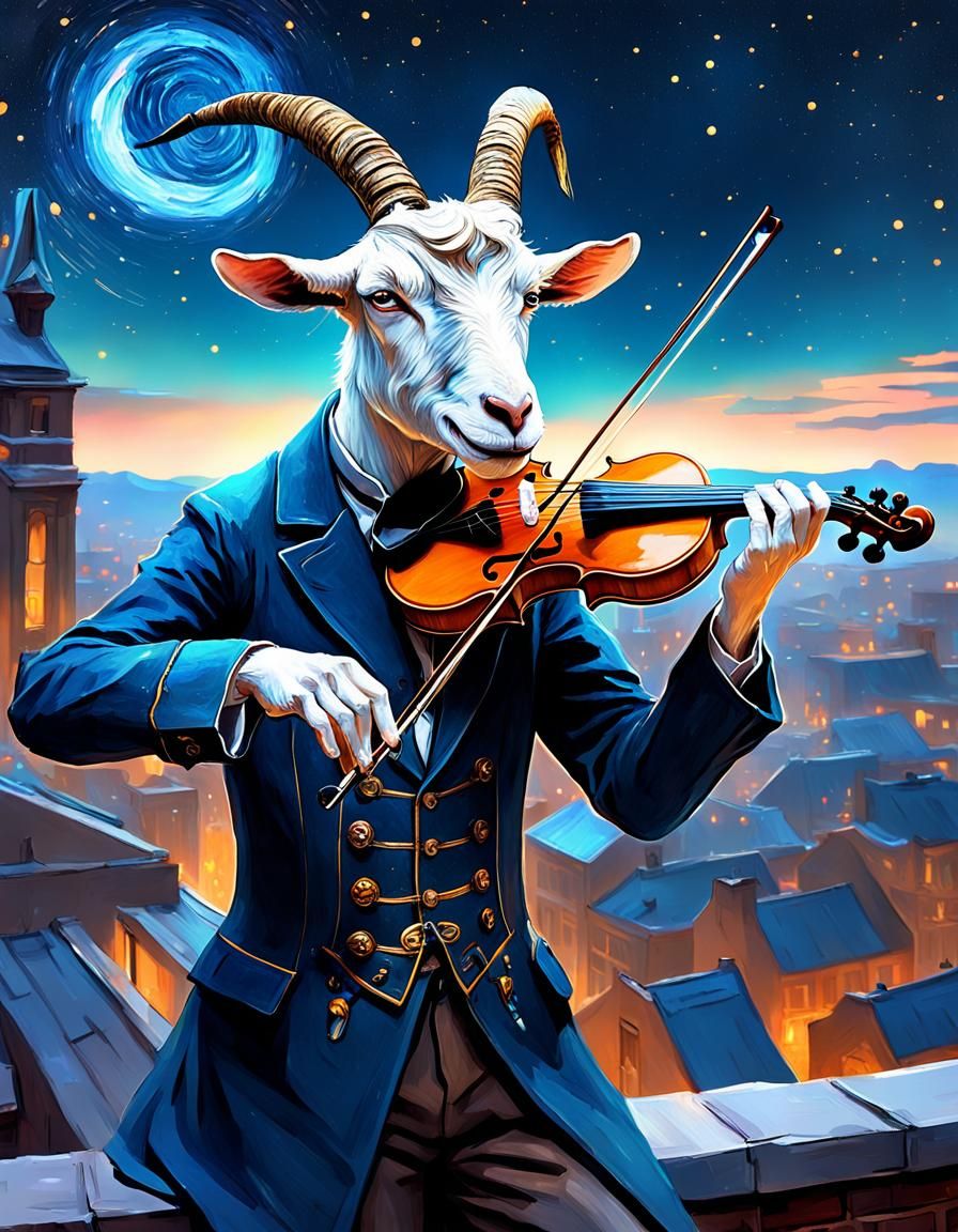 Goat Violinist Under Van Gogh Starry Night