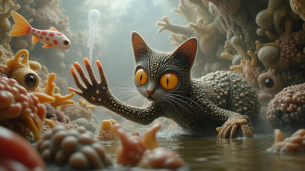Surreal Cat Swims with Fish, Amber Eyes, Finger Hands