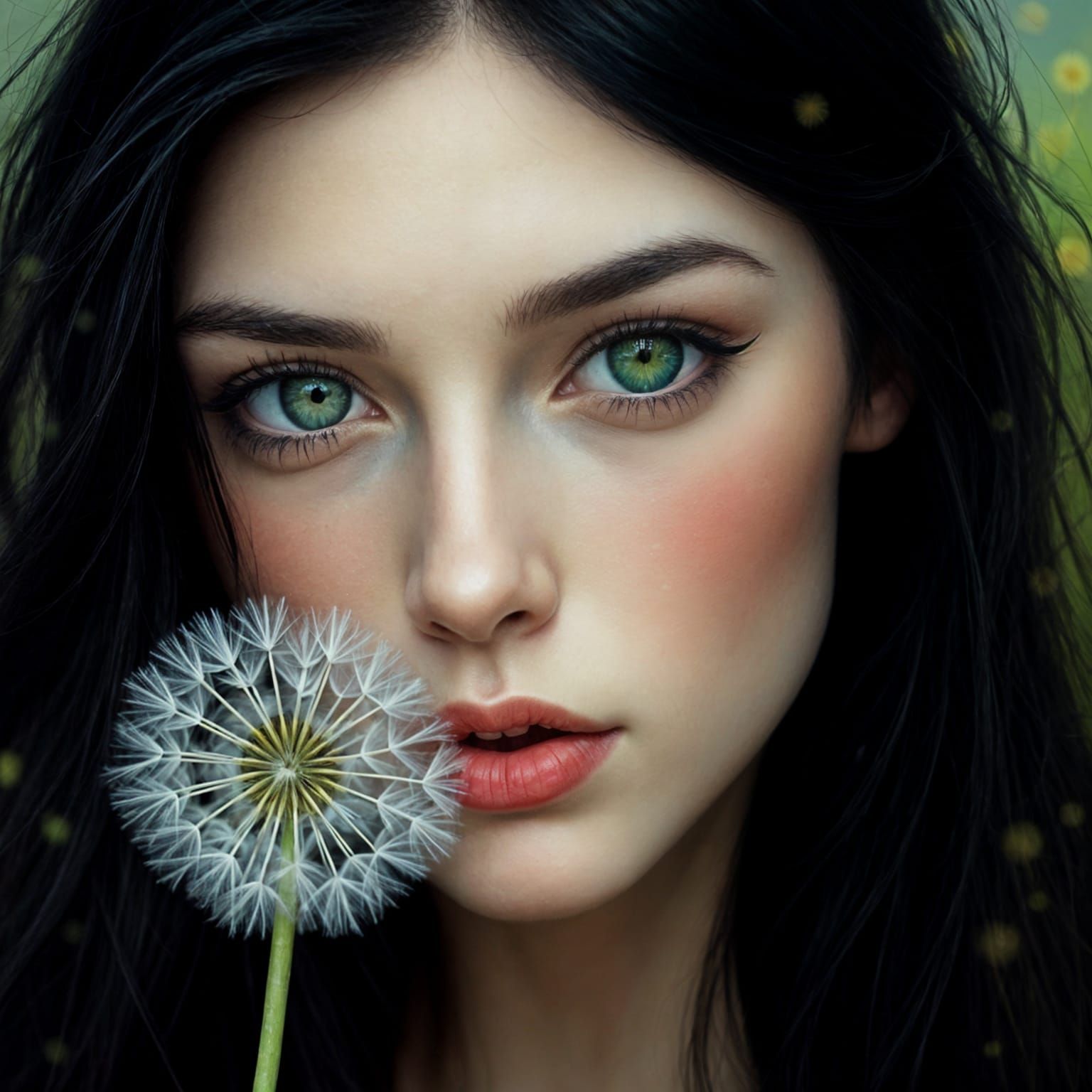 Woman Blowing Dandelion Flower Close-Up Portrait