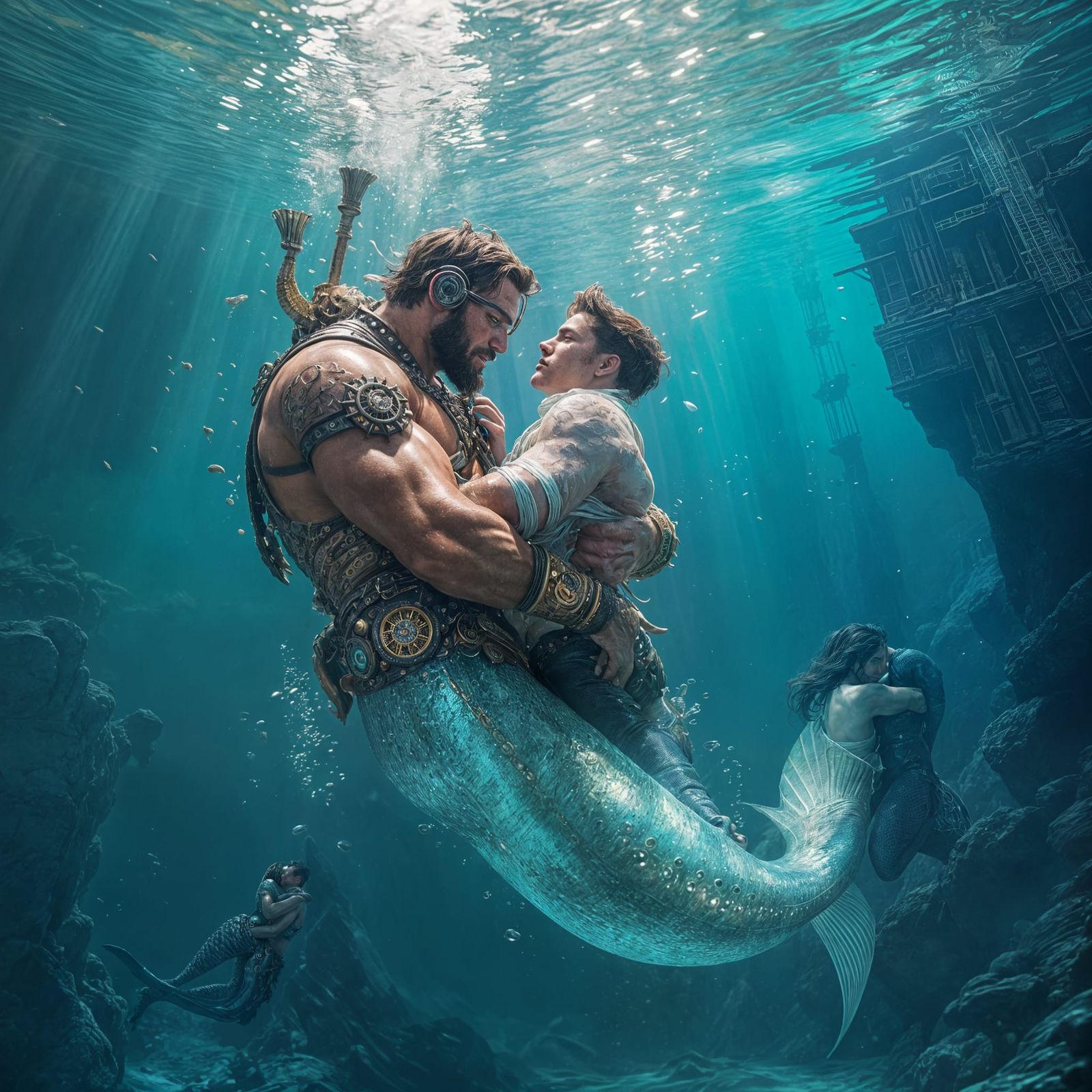Steam Powered Mermaid Hugs a Steampunk Hero in an Underwater...