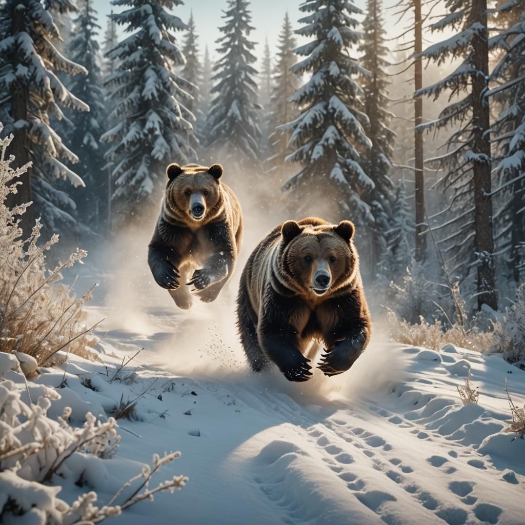 Grizzly Bear Dashes Through Snowy Winter Forest