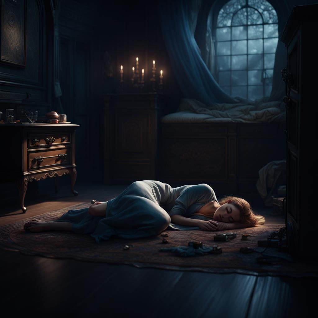 Tired Woman Sleeping in Dark Room: Fantasy Concept Art