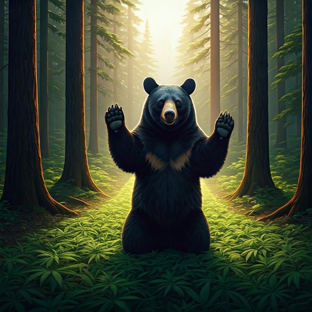 Black Bear Waves on Forest Road in Fantasy Style