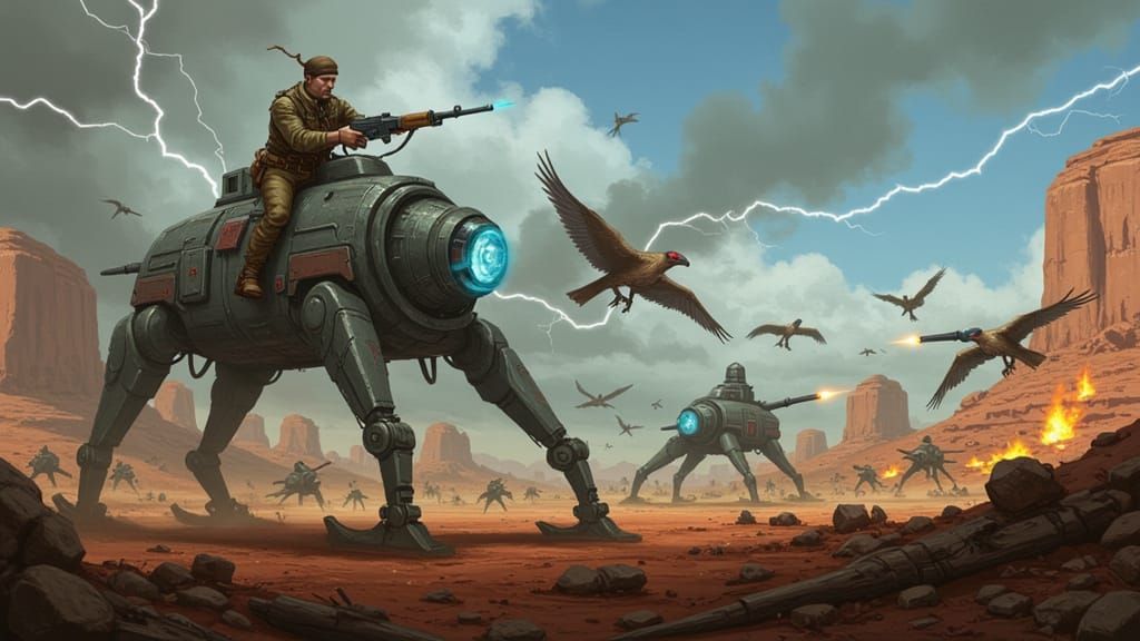 Gritty Post-Apocalyptic Gunslinger Rides War-Mech Steed Amid...