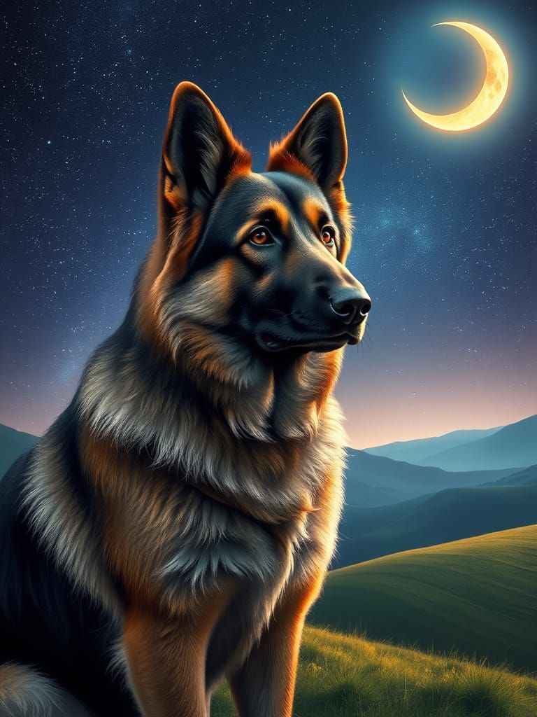 Majestic German Shepherd Under Starry Night Sky