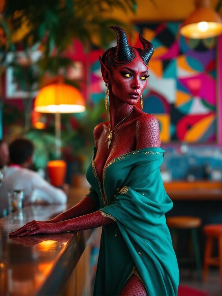 Demoness at Bar with Glowing Eyes in Vibrant Evening Dress