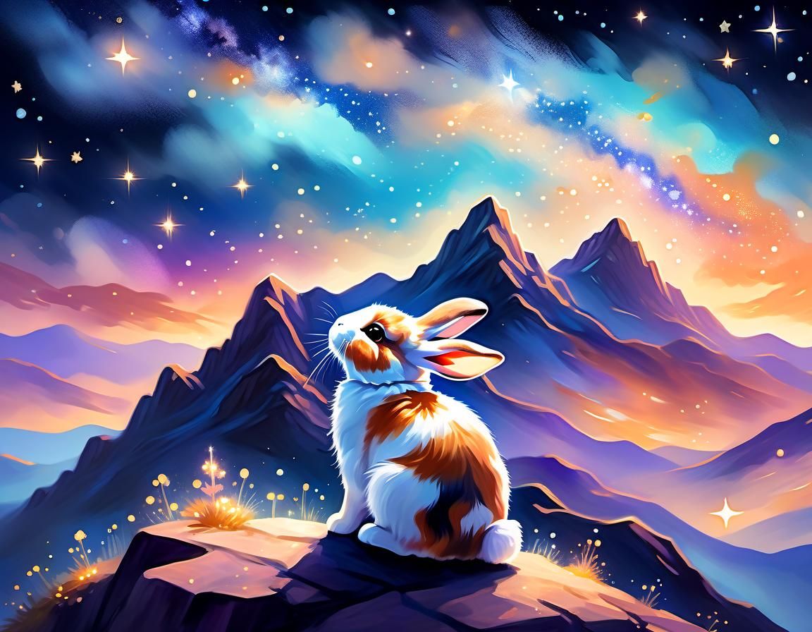 Calico Rabbit Gazing at Starry Night Sky