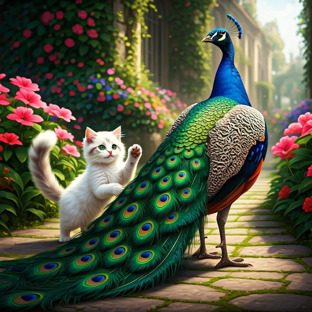 Whimsical Peacock and Kitten Encounter in Vibrant Garden